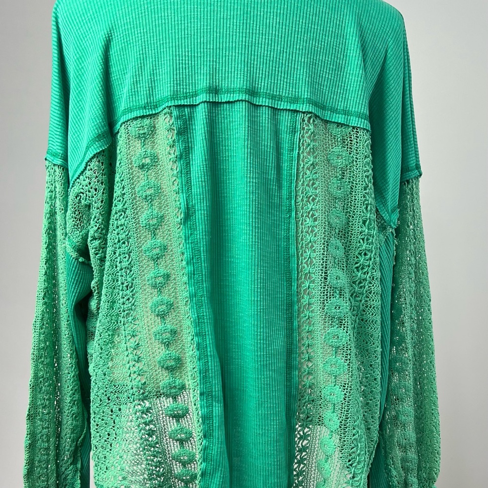 Pol Green Lace Patchwork Button Front Shacket Top… - image 3
